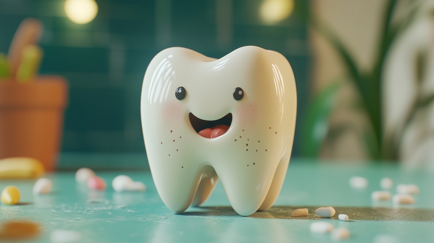 Cute smiling cartoon tooth in a colorful setting with candies around