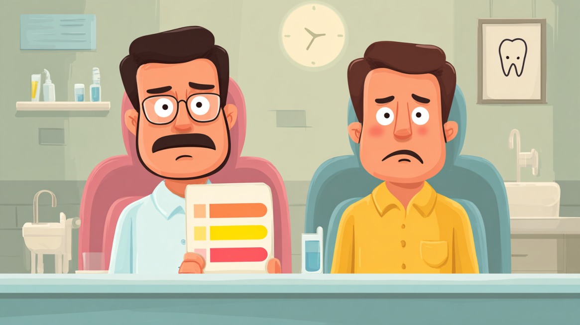 Cartoon dentist holding a pain scale chart with a worried patient sitting in the chair, showing dental treatment pain comparison
