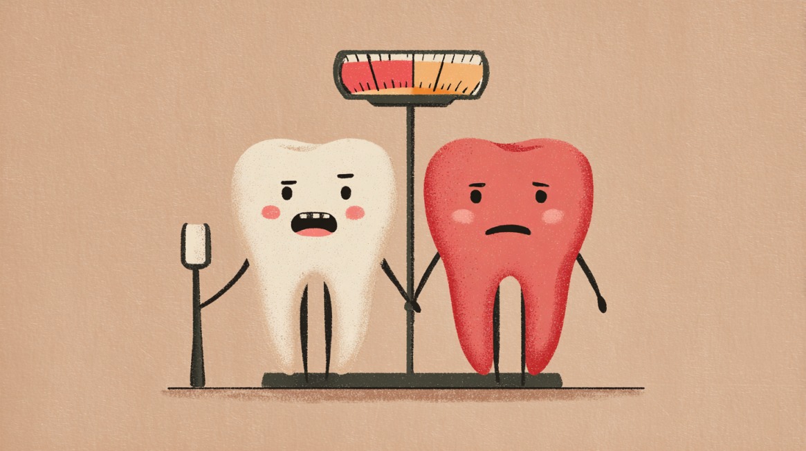 Cartoon illustration of a healthy white tooth with a toothbrush holding hands with a sad red tooth, standing under a pain scale