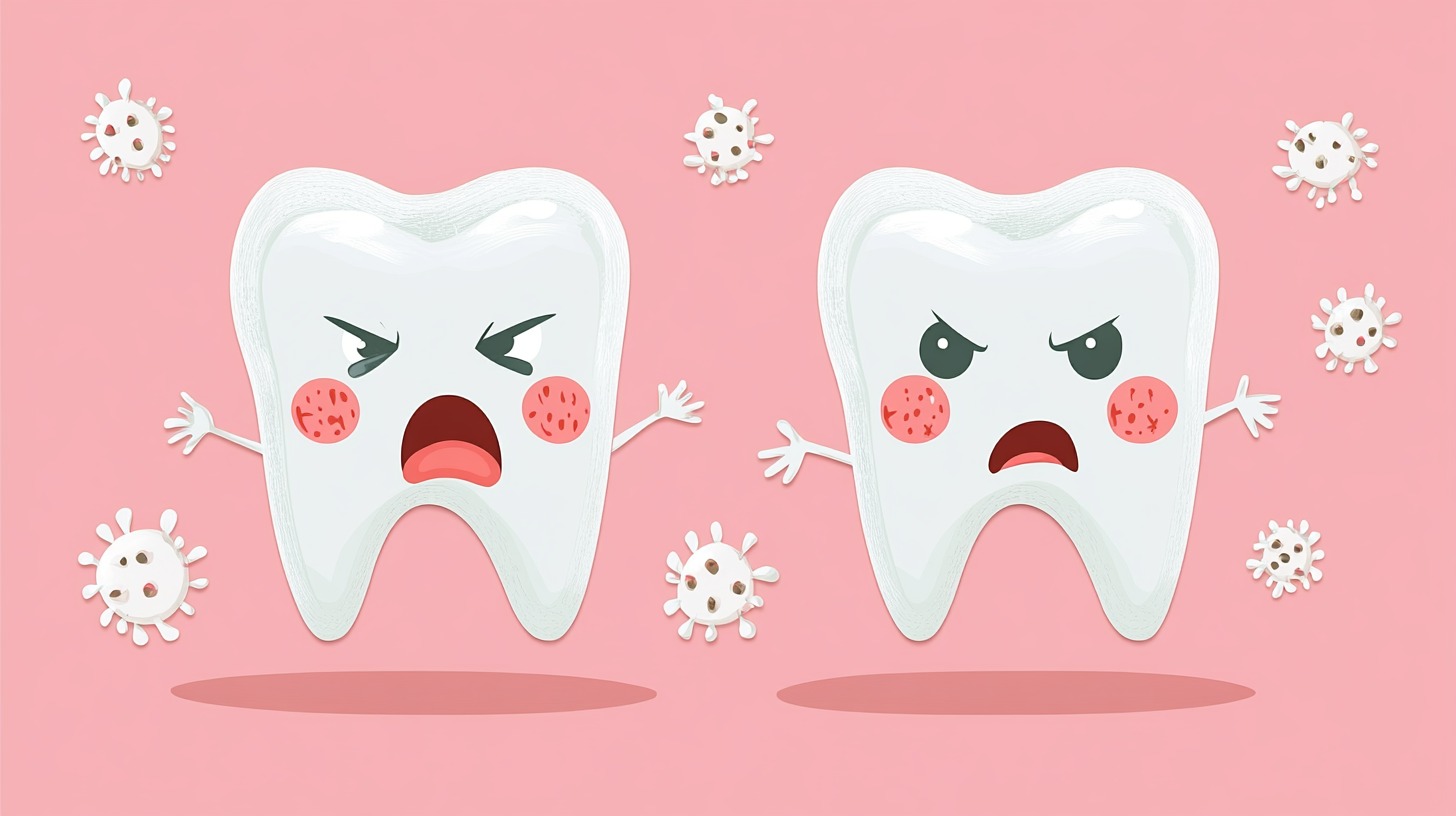 Cartoon illustration of angry teeth fighting against bacteria on a pink background