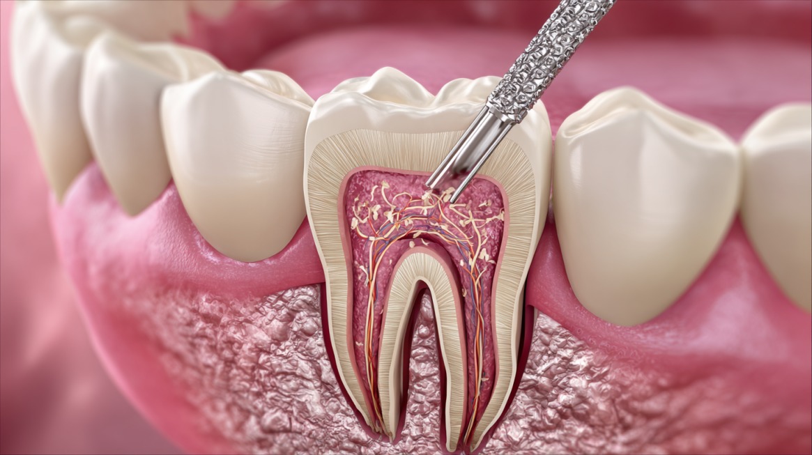 3D dental illustration showing the inside of a tooth with nerves exposed and a dental tool cleaning out decay